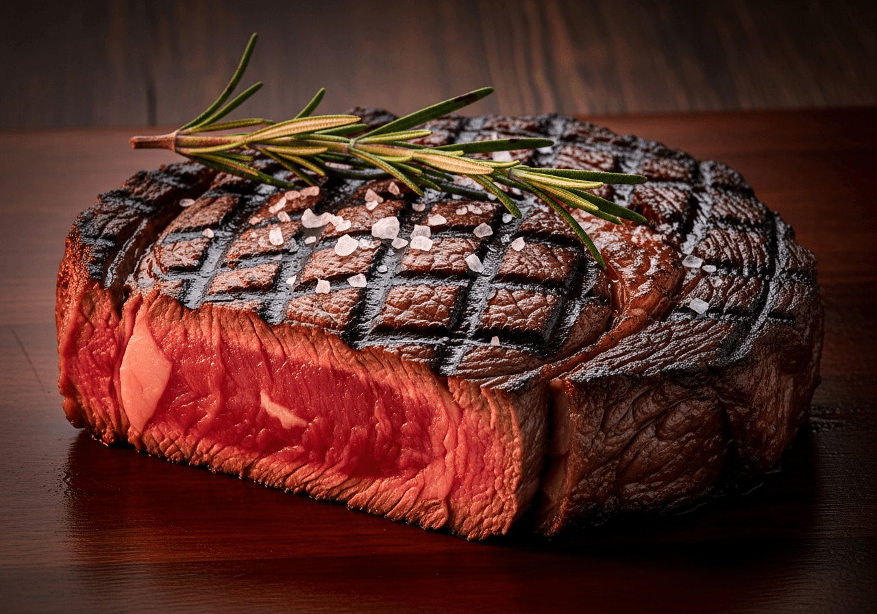 32 day aged signature ribeye steak plated in venue